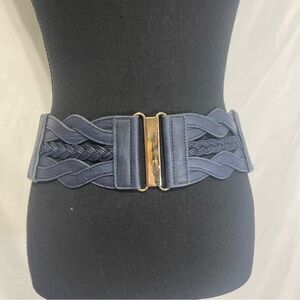 Navy Blue Braided Belt 3”wide. Gold clasp. Stretch to 36”. Preowned. Scratches
